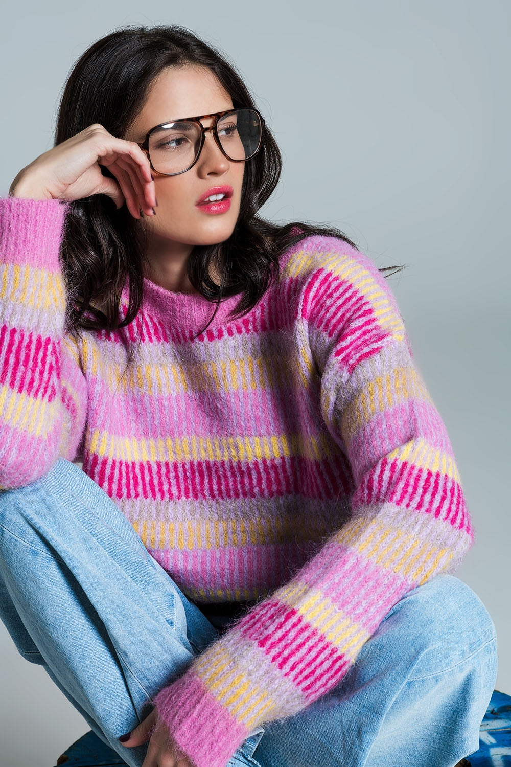 Q2 Relaxed Horizontal Stripe Sweater in Pink Fuchsia and Yellow