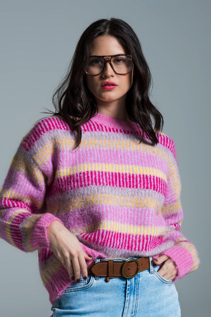 Relaxed Horizontal Stripe Sweater in Pink Fuchsia and Yellow