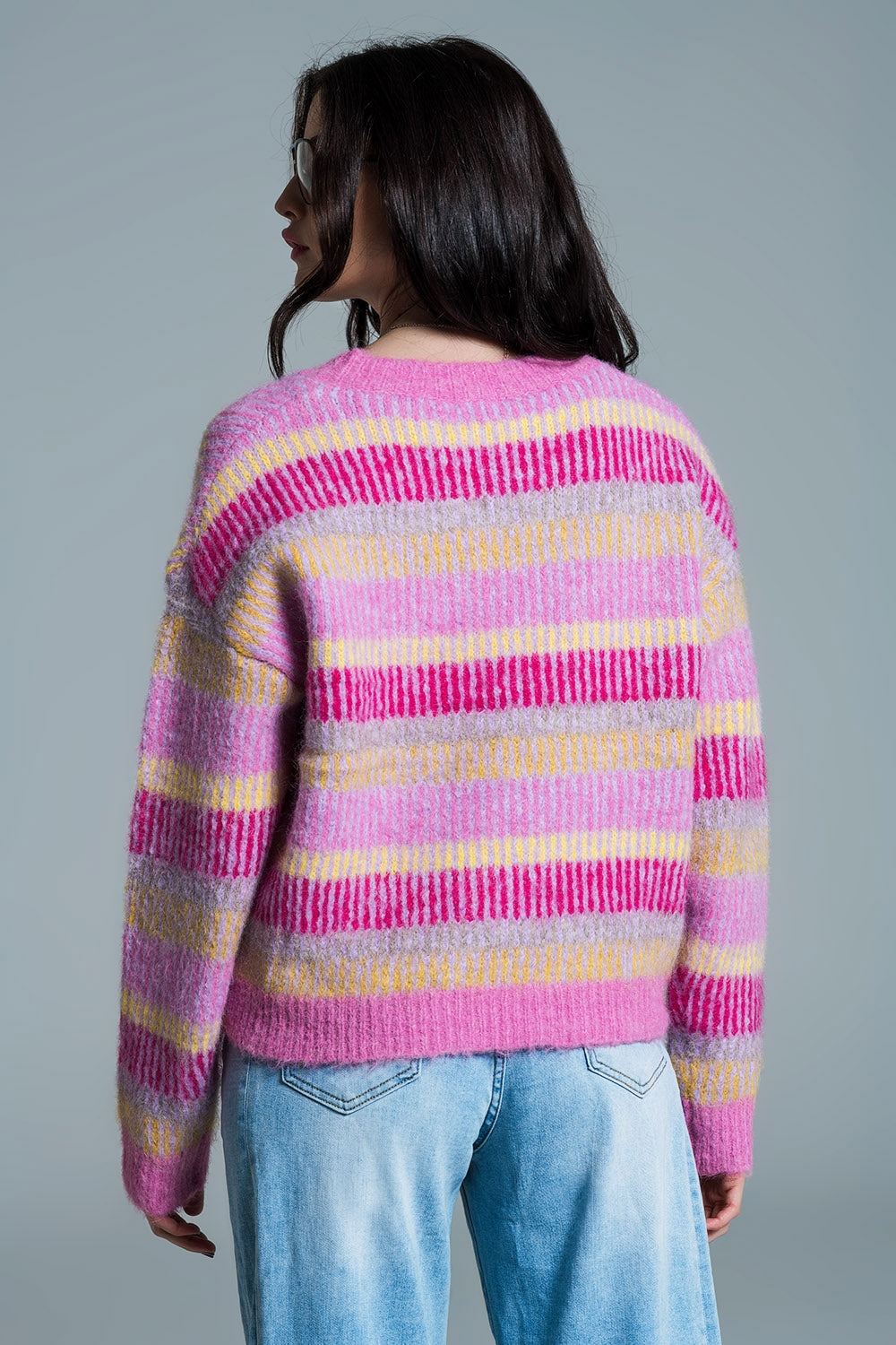 Relaxed Horizontal Stripe Sweater in Pink Fuchsia and Yellow
