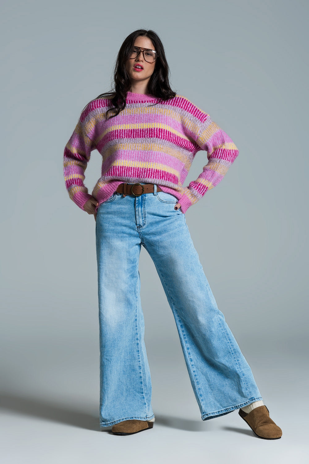 Relaxed Horizontal Stripe Sweater in Pink Fuchsia and Yellow