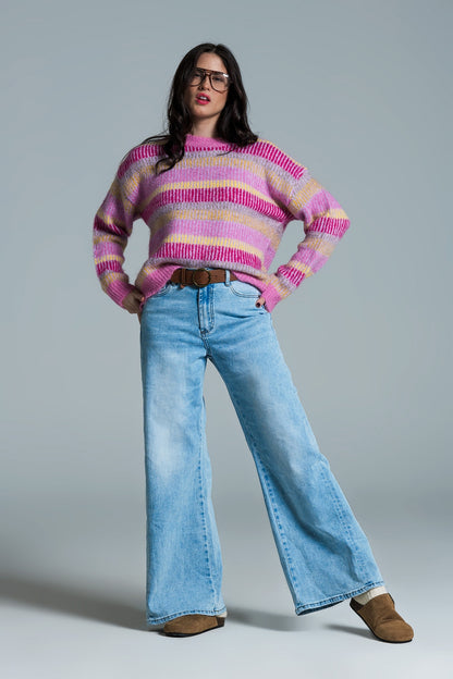 Relaxed Horizontal Stripe Sweater in Pink Fuchsia and Yellow