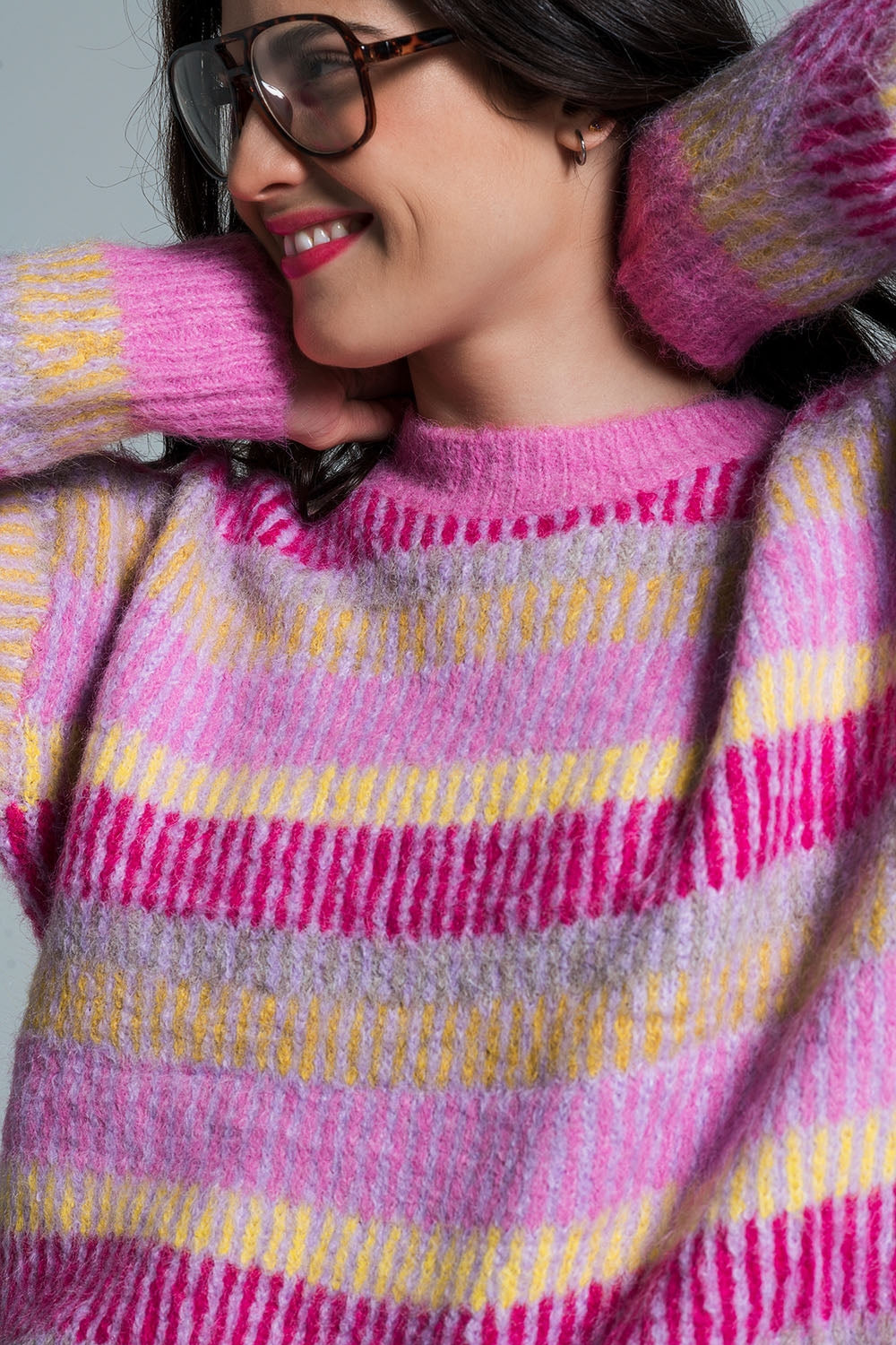 Relaxed Horizontal Stripe Sweater in Pink Fuchsia and Yellow