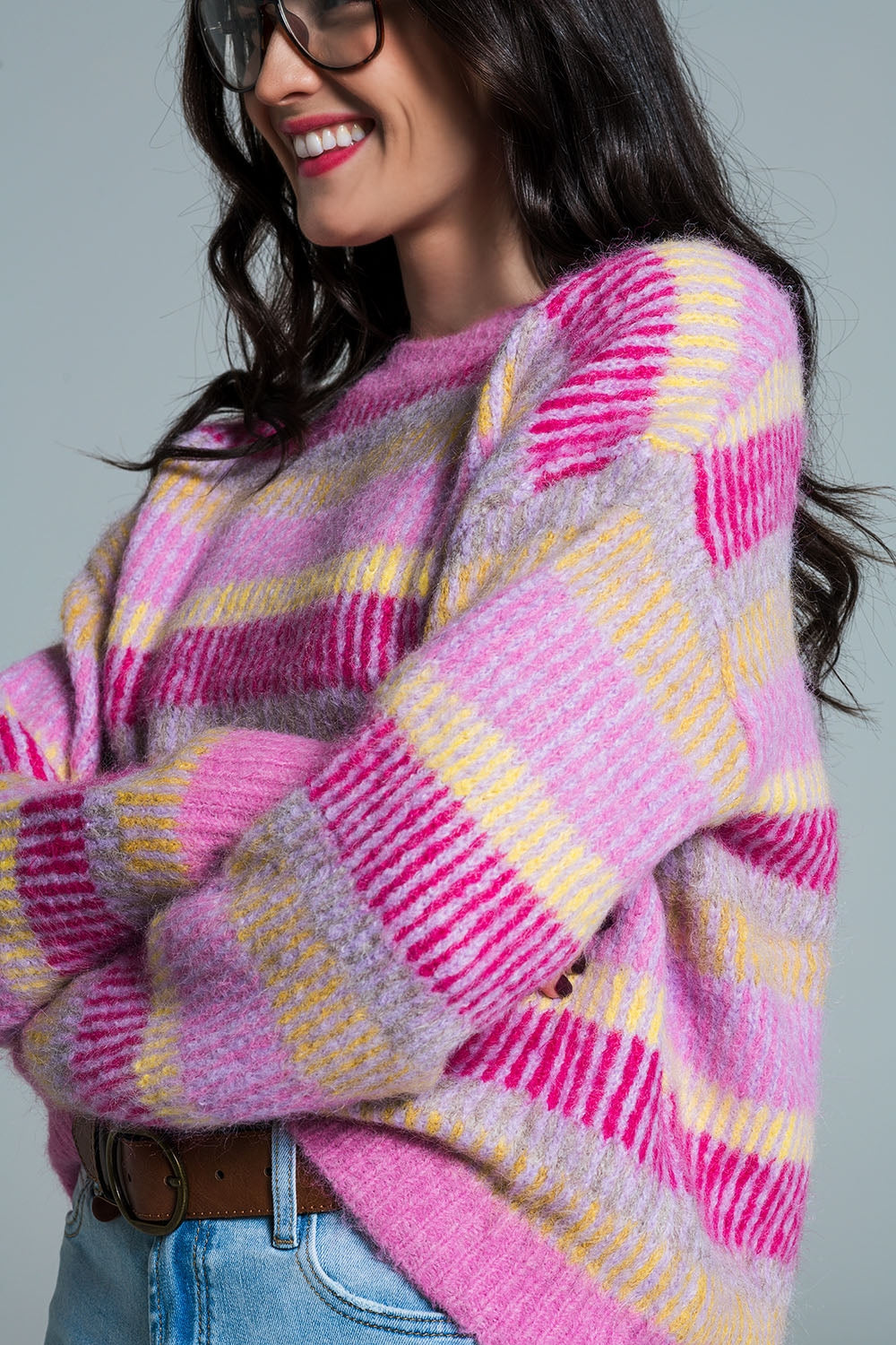 Relaxed Horizontal Stripe Sweater in Pink Fuchsia and Yellow