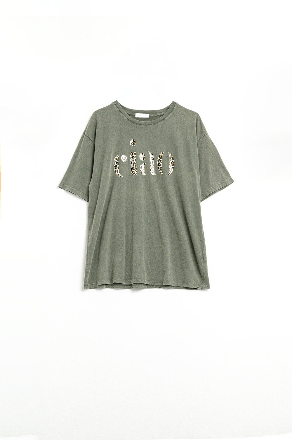Q2 relaxed Khaki T-shirt With Ciao in Leopard Print