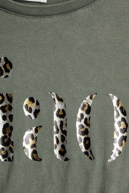 relaxed Khaki T-shirt With Ciao in Leopard Print