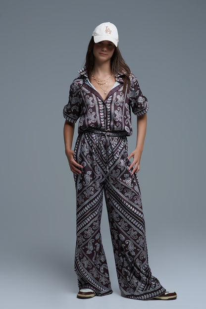 Relaxed Paisley Print Pants With Adjustable Drawstring in Brown
