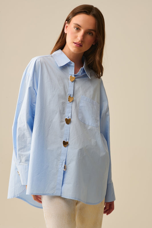 Q2 Relaxed Poplin Shirt With Gold Heart Buttons in Baby Blue