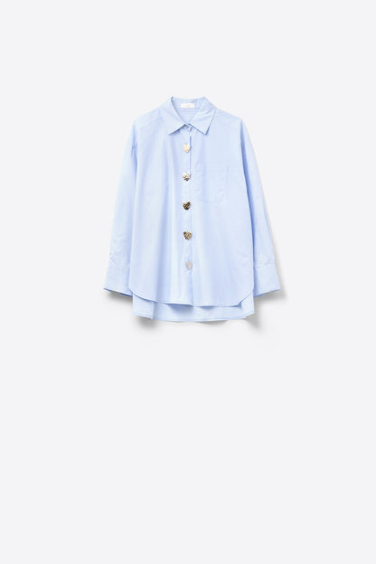 Relaxed Poplin Shirt With Gold Heart Buttons in Baby Blue
