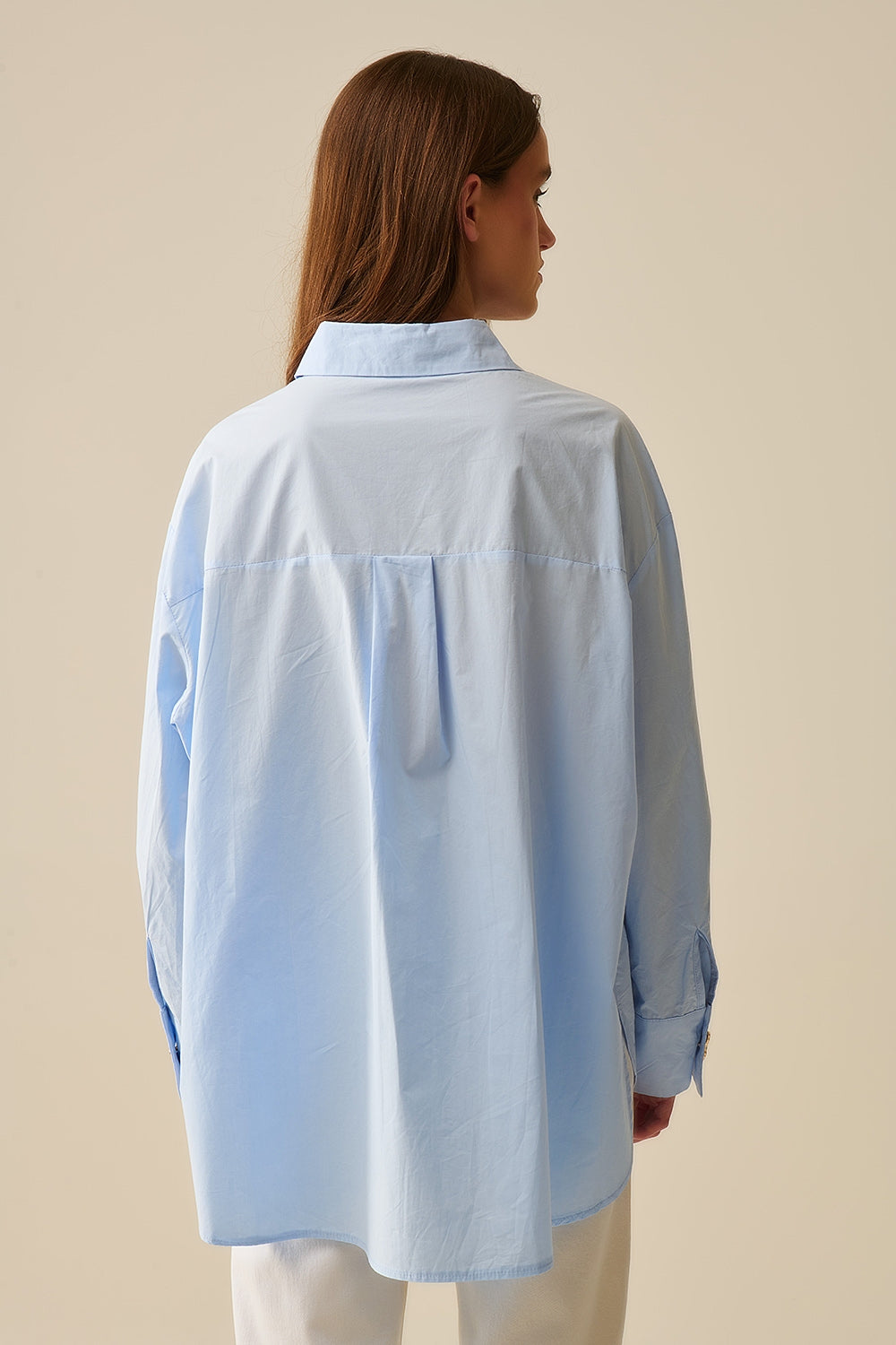 Relaxed Poplin Shirt With Gold Heart Buttons in Baby Blue