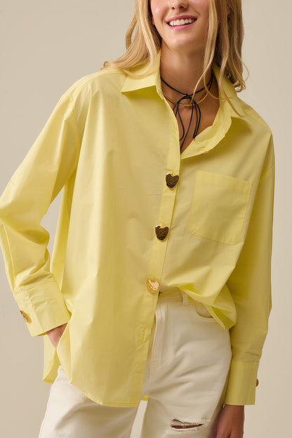 Relaxed Poplin Shirt With Gold Heart Buttons in yellow