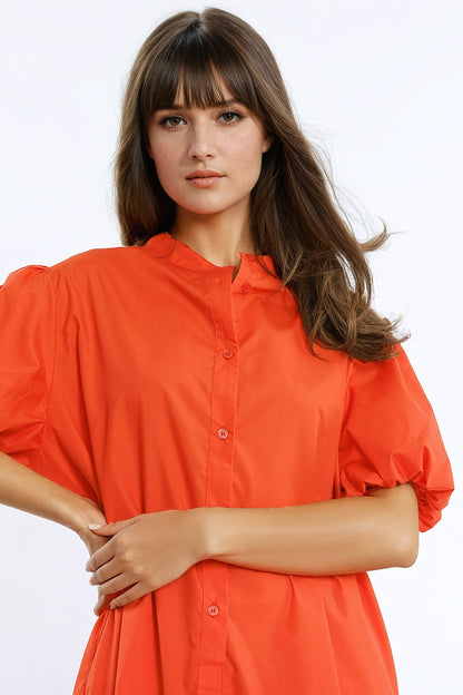 Relaxed Shirt Dress With Balloon Short Sleeves and Ruffle In Orange