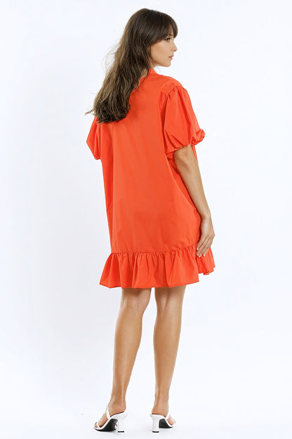 Relaxed Shirt Dress With Balloon Short Sleeves and Ruffle In Orange