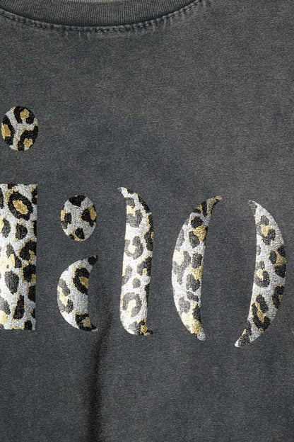 relaxed stonewashed Black T-shirt With Ciao in Leopard Print
