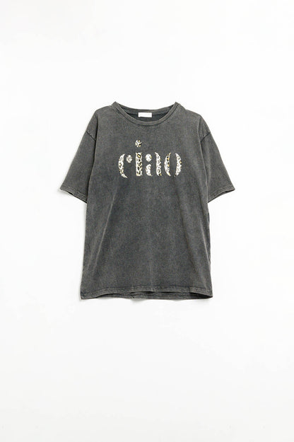 relaxed stonewashed Black T-shirt With Ciao in Leopard Print