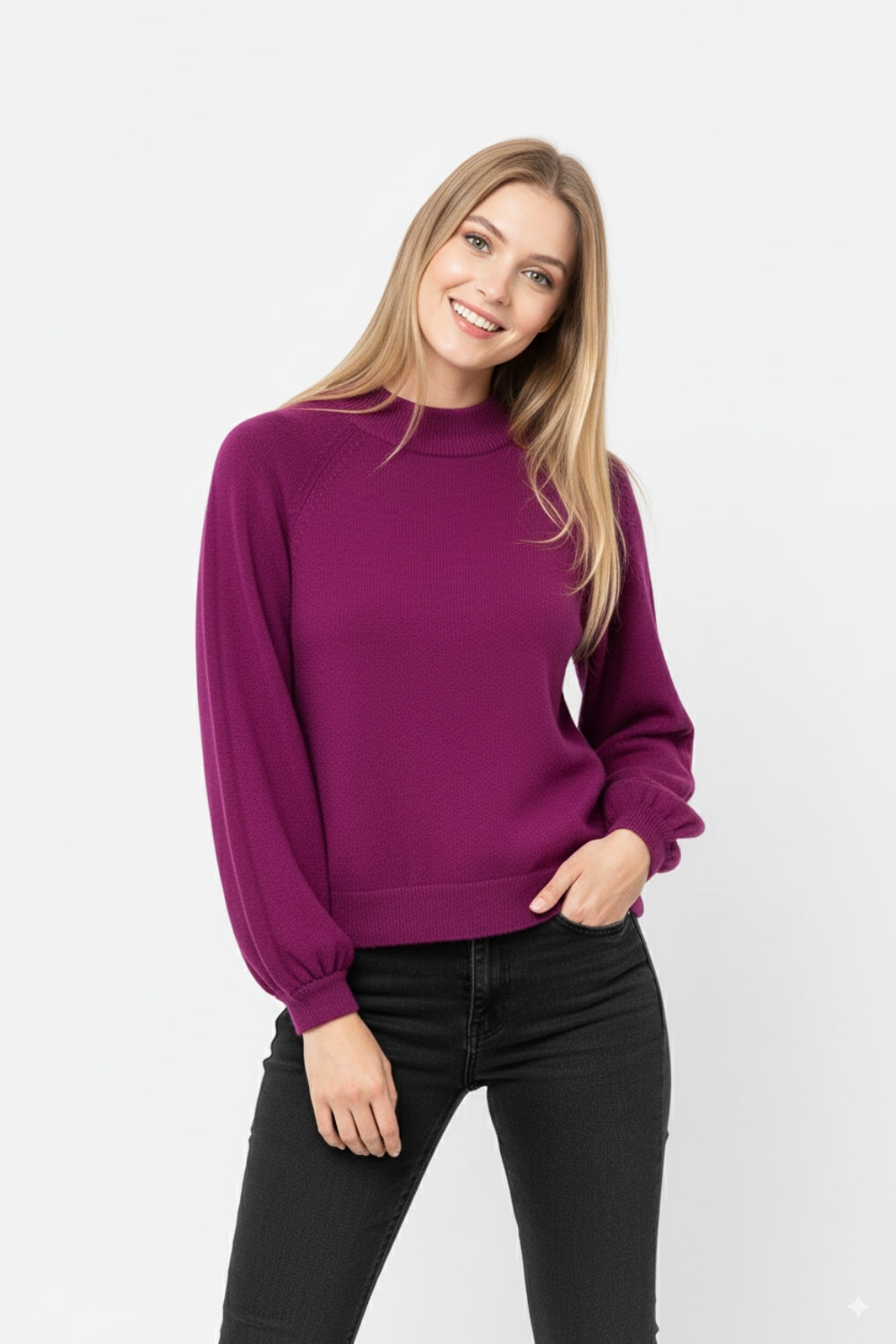 relaxed style aubergine jumper with balloon sleeves