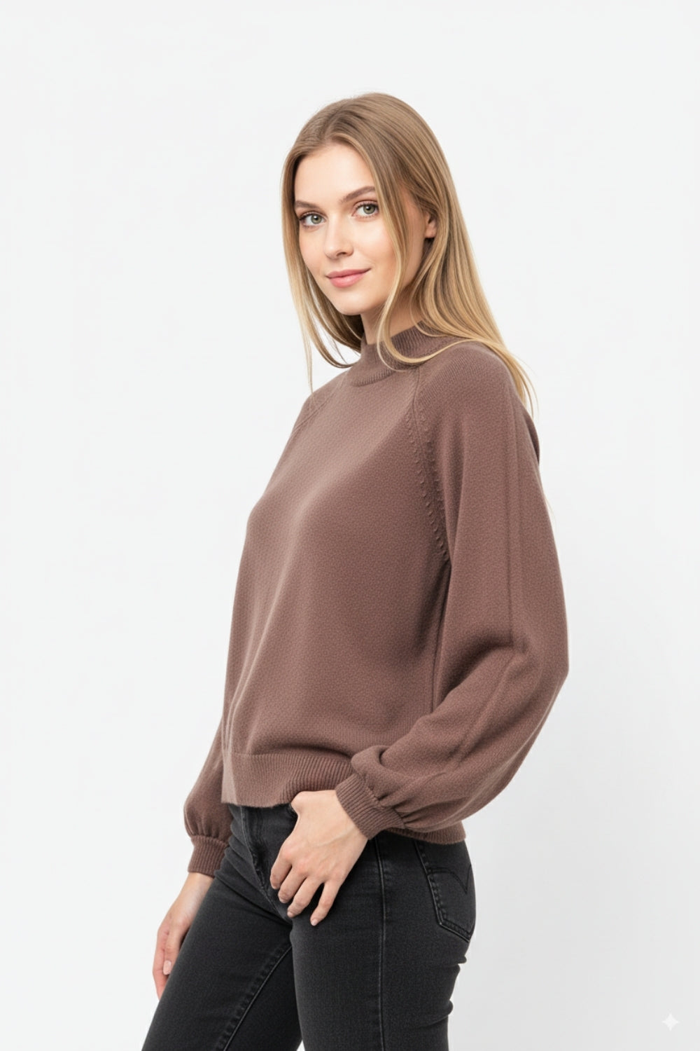 relaxed style brown jumper with balloon sleeves