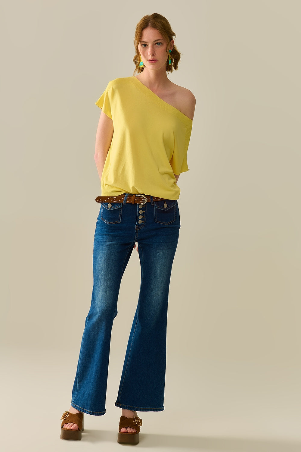Relaxed yellow boatneck sweater with dropped sleeves