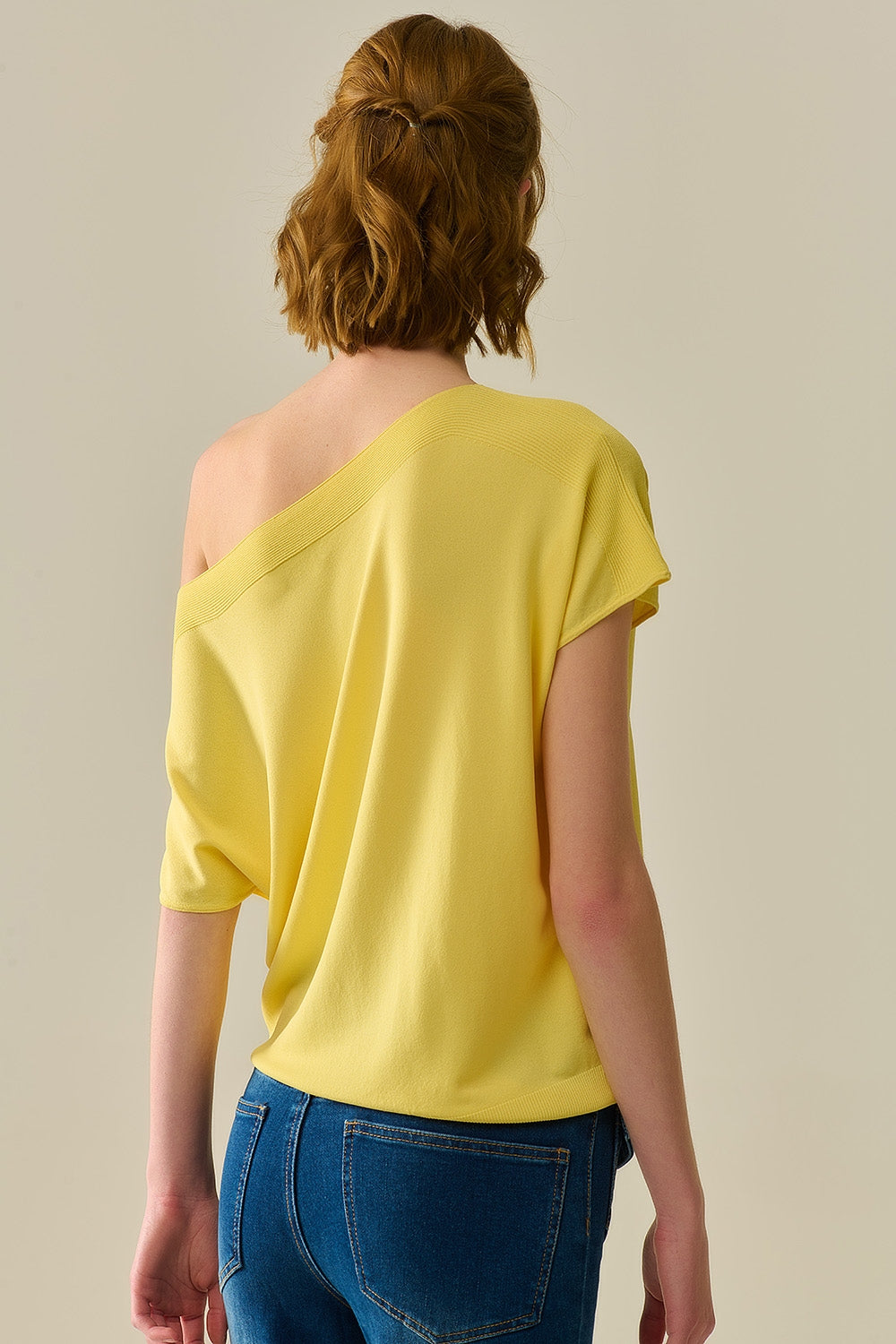 Relaxed yellow boatneck sweater with dropped sleeves