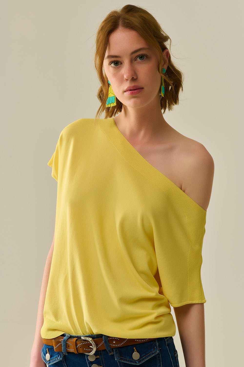 Relaxed yellow boatneck sweater with dropped sleeves