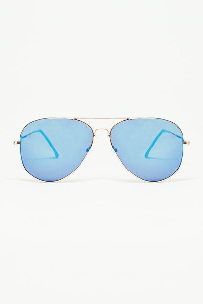 Q2 Retro Aviator Sunglasses  With Blue Smoke Lense and Golden Frame