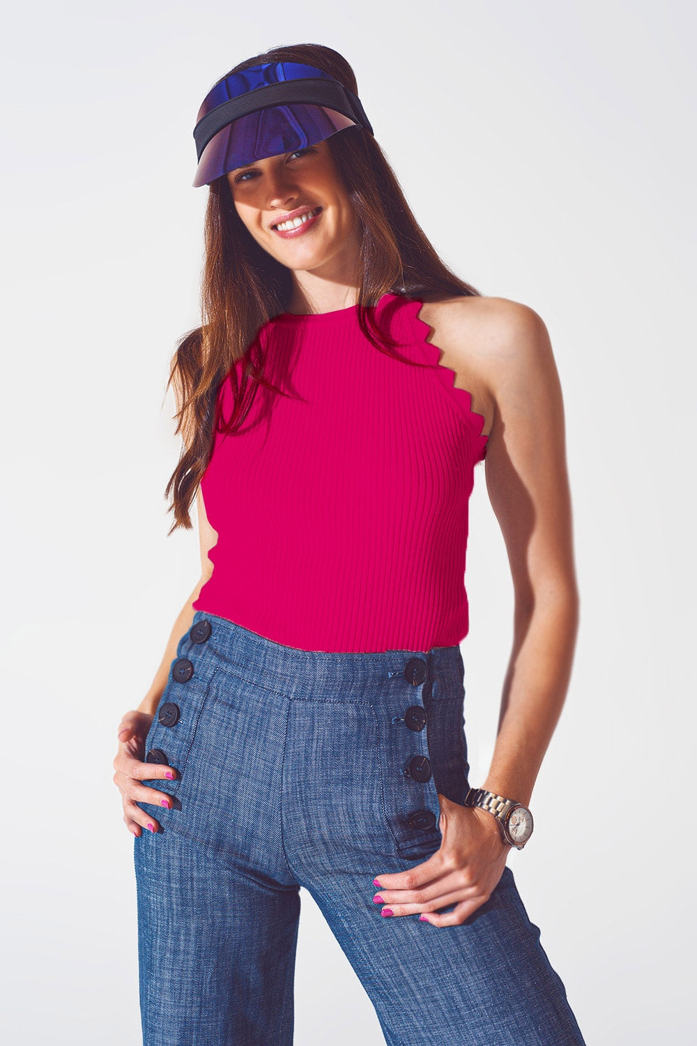 Q2 Ribbed Halter Top With Scalloped Finish in Fuchsia