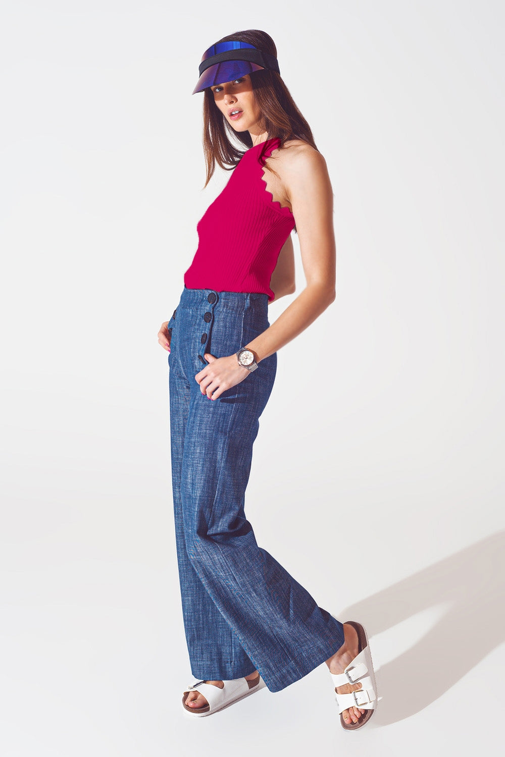 Ribbed Halter Top With Scalloped Finish in Fuchsia