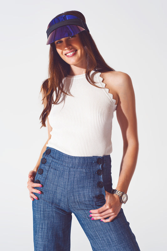 Q2 Ribbed Halter Top With Scalloped Finish in White