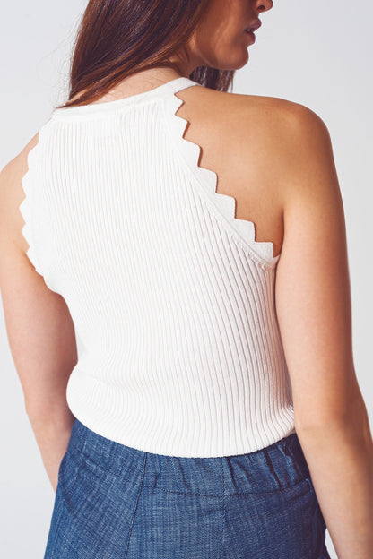 Ribbed Halter Top With Scalloped Finish in White