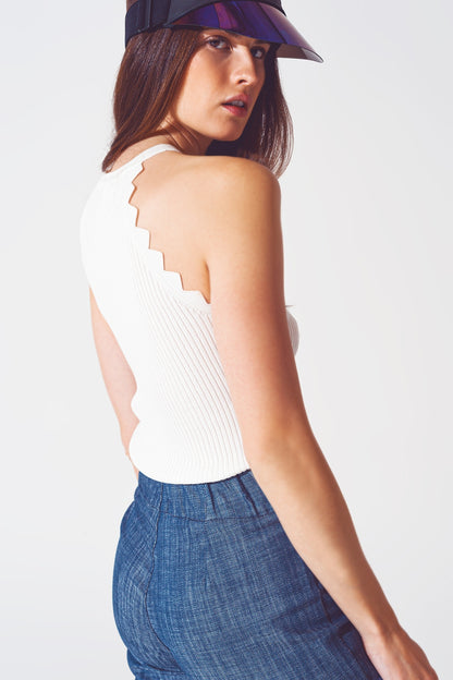 Ribbed Halter Top With Scalloped Finish in White