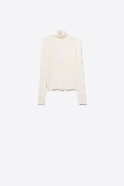 Rolled Turtle Neck Ribbed Sweater in White