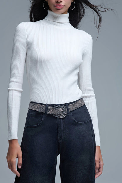 Rolled Turtle Neck Ribbed Sweater in White