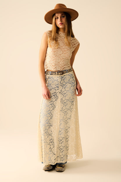 Romantic Lace T-shirt With Cap Sleeves in beige