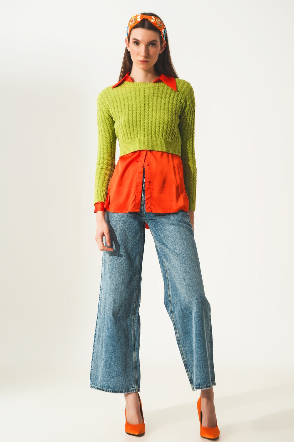 Round neck cable knit crop jumper in lime green