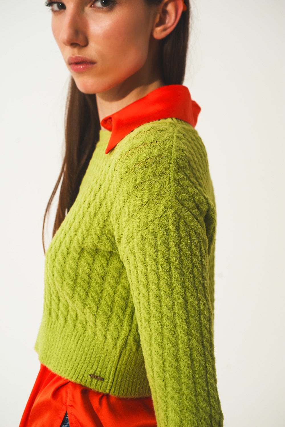 Round neck cable knit crop jumper in lime green