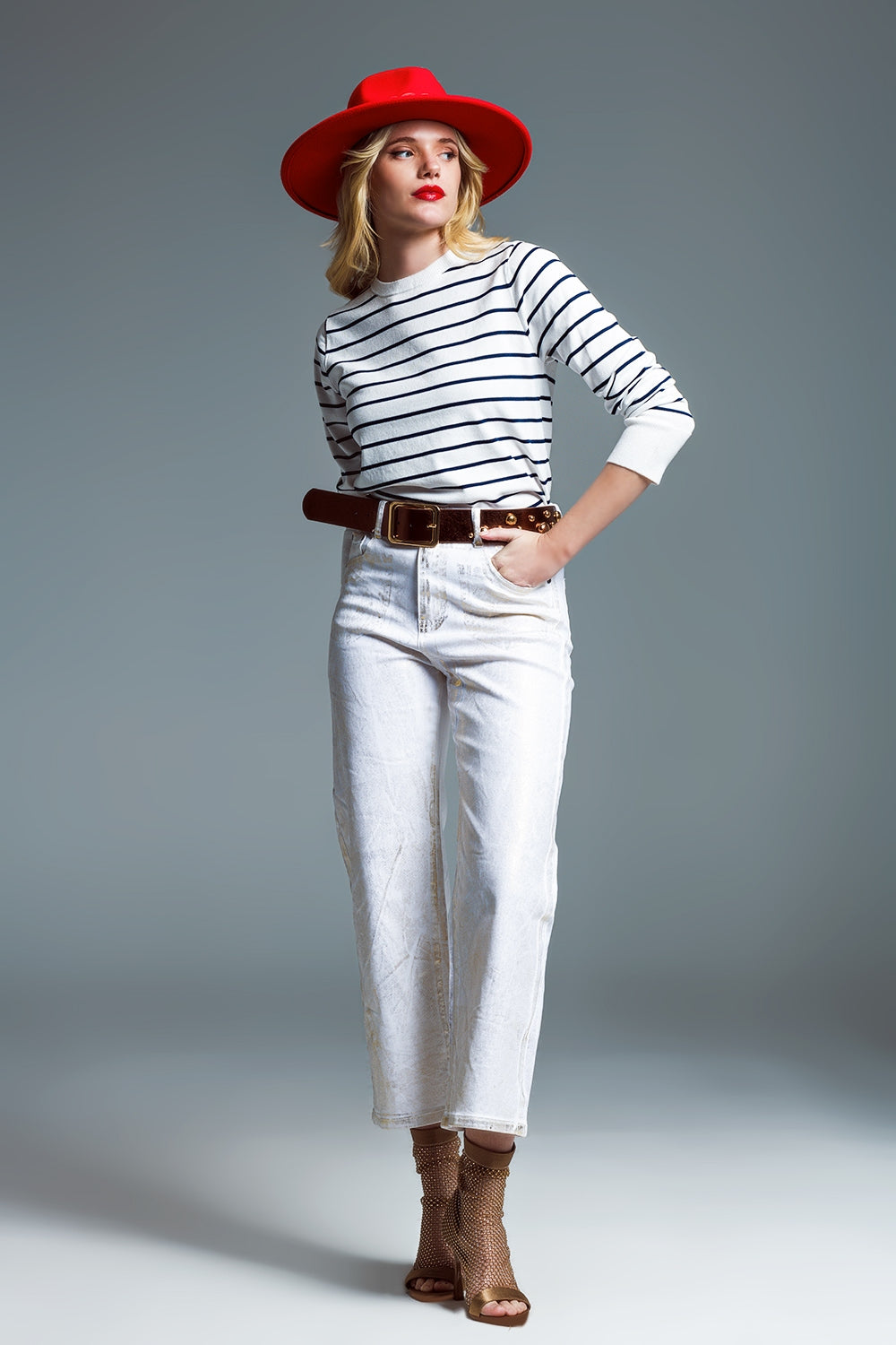 Round neck jumper in navy stripe