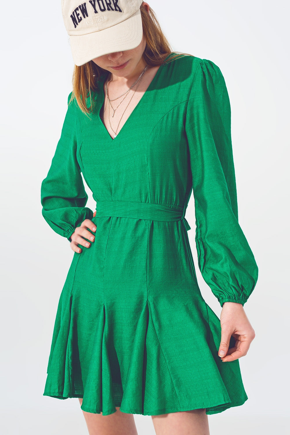 Ruffle V Neck Dress in Green