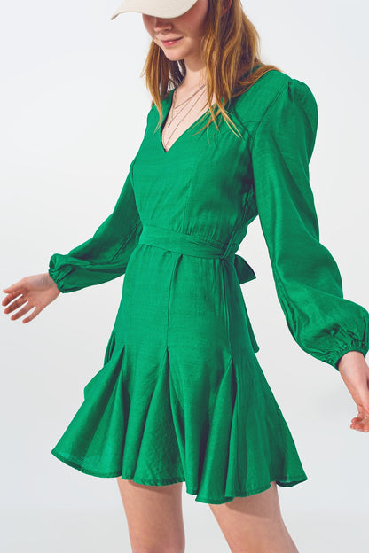 Ruffle V Neck Dress in Green
