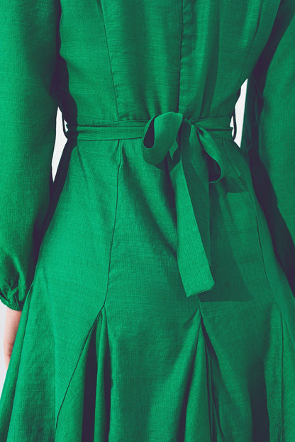 Ruffle V Neck Dress in Green