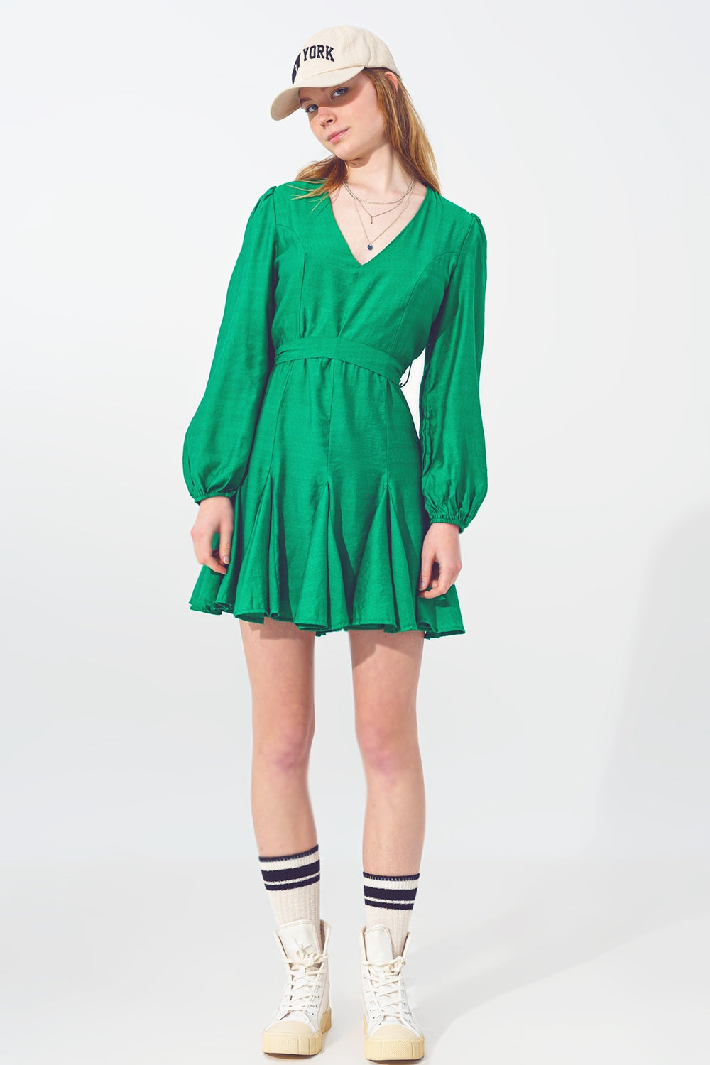 Ruffle V Neck Dress in Green