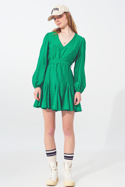 Ruffle V Neck Dress in Green