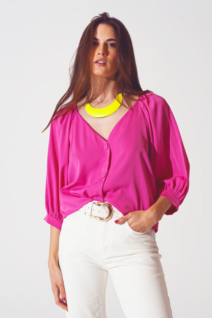 Satin button through shirt in fuchsia