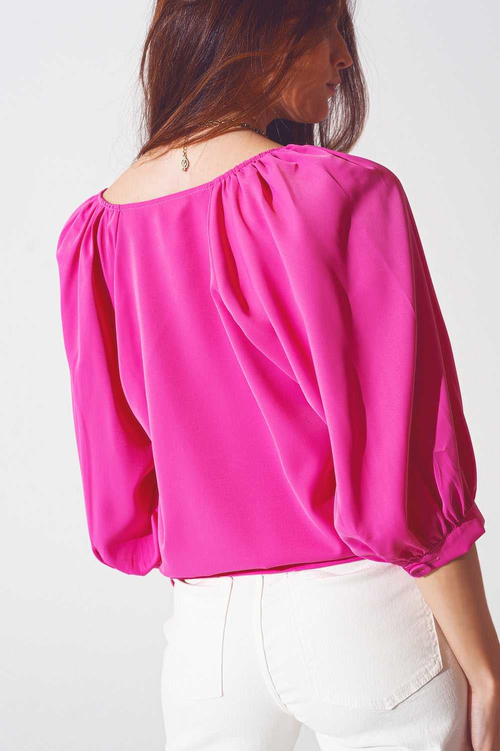 Satin button through shirt in fuchsia