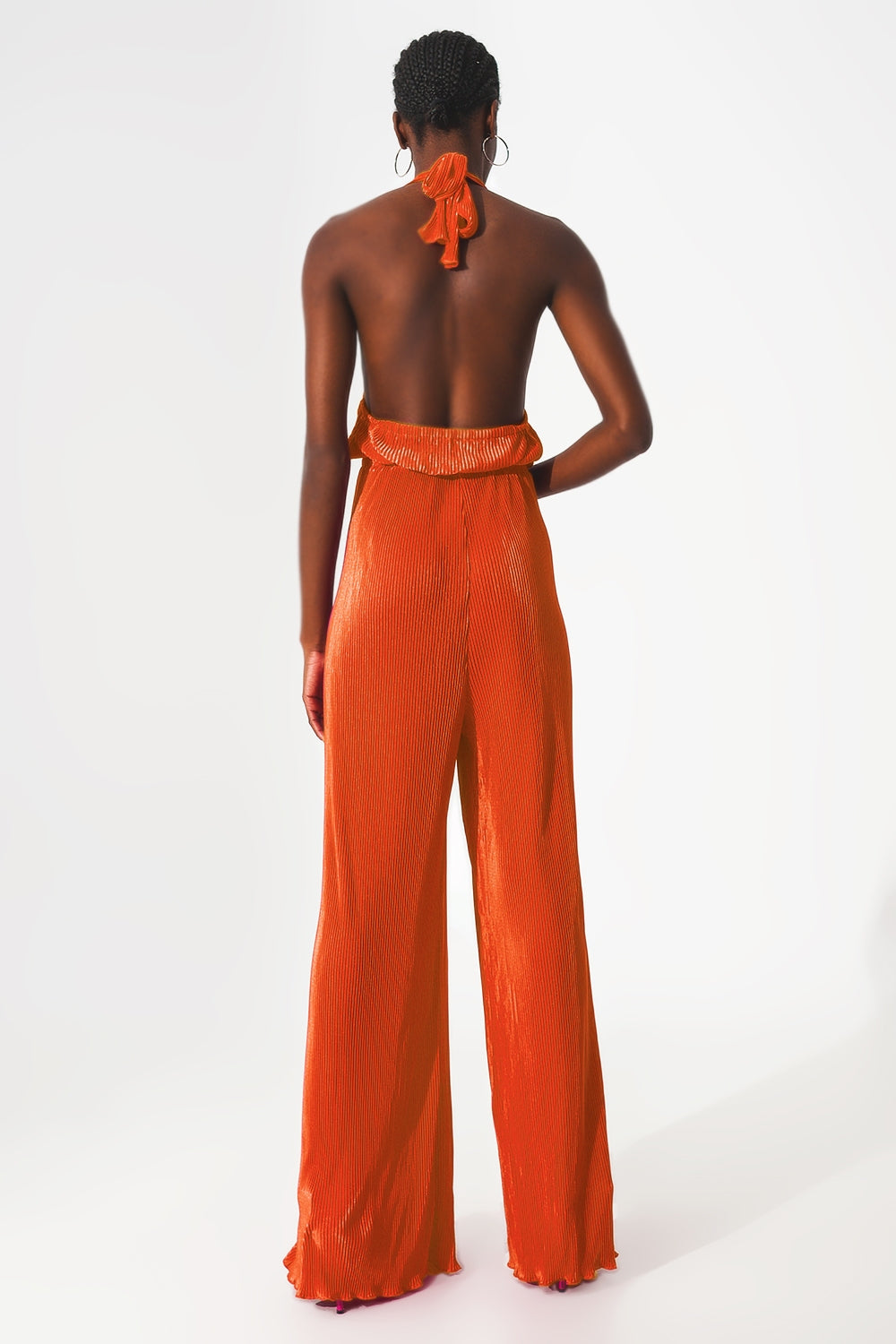 Satin halter neck pleated maxi jumpsuit in orange
