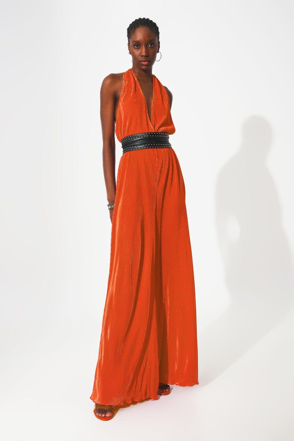 Satin halter neck pleated maxi jumpsuit in orange