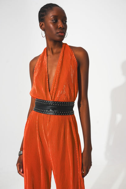 Satin halter neck pleated maxi jumpsuit in orange