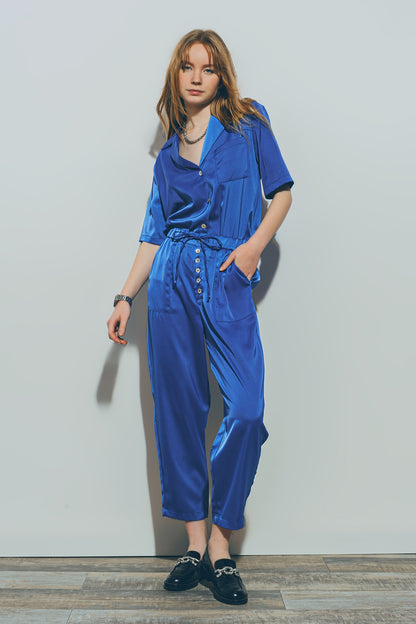 Q2 Satin Short Sleeve Shirt in Blue