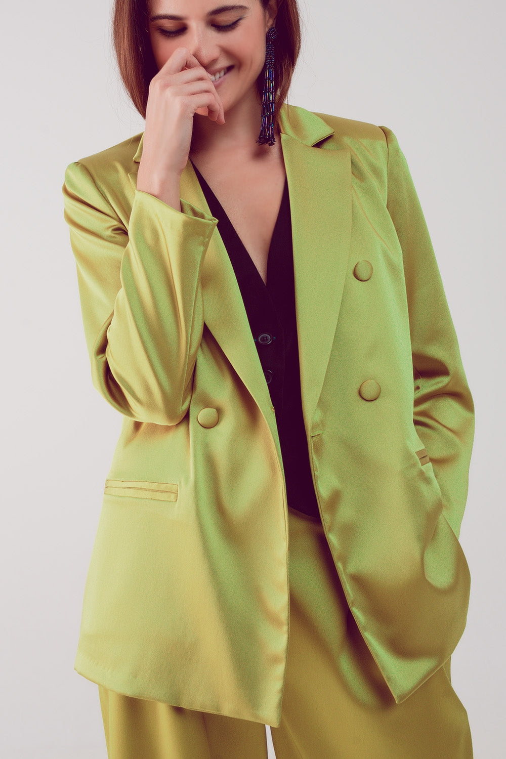 Satin tailored double breast blazer in lime