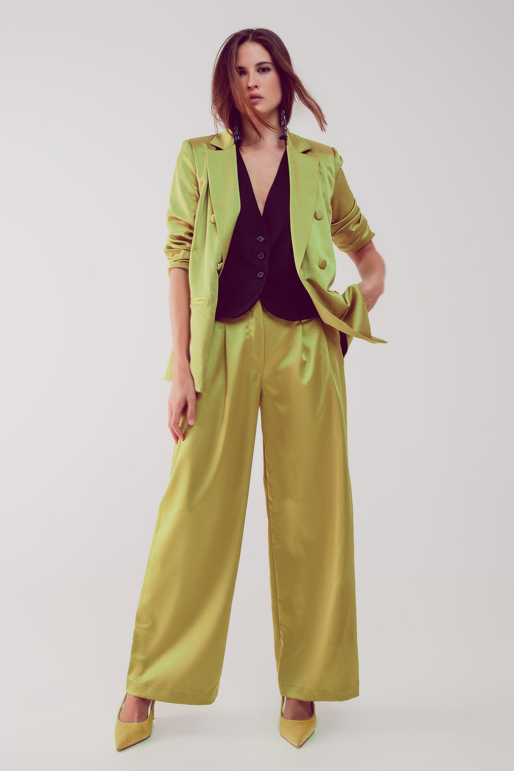 Satin tailored double breast blazer in lime