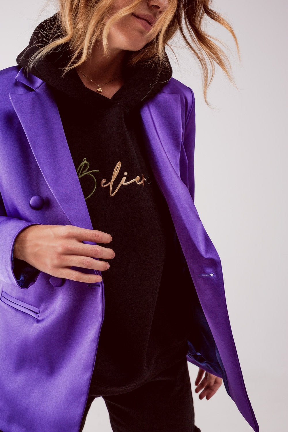 Satin tailored double breast blazer in purple