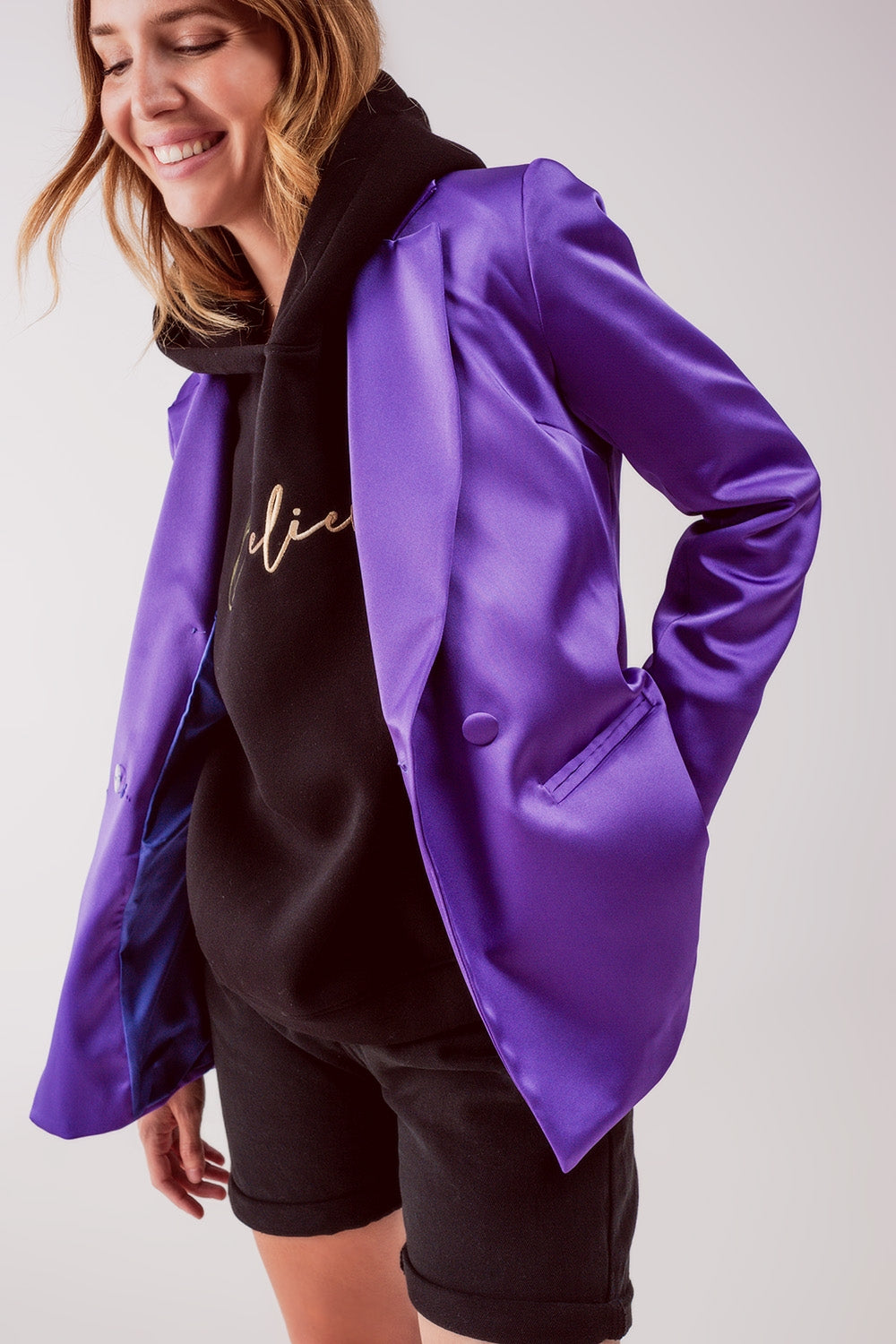 Q2 Satin tailored double breast blazer in purple